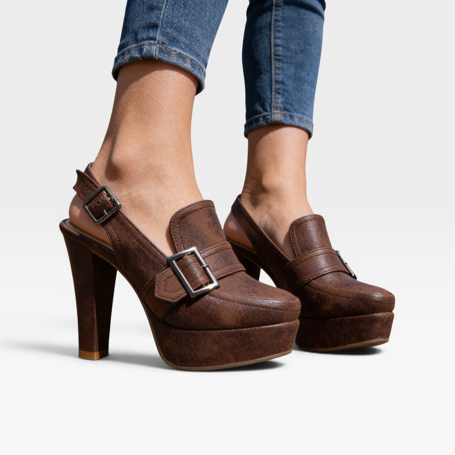 Block Heel Slingback Court Shoes, Retro Buckle Strap