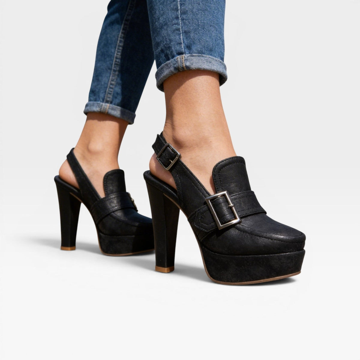 Block Heel Slingback Court Shoes, Retro Buckle Strap