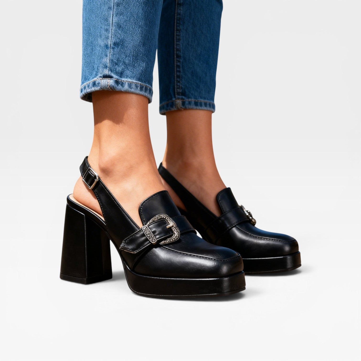 Platform Slingback Pumps, Buckle Strap Leather Heels