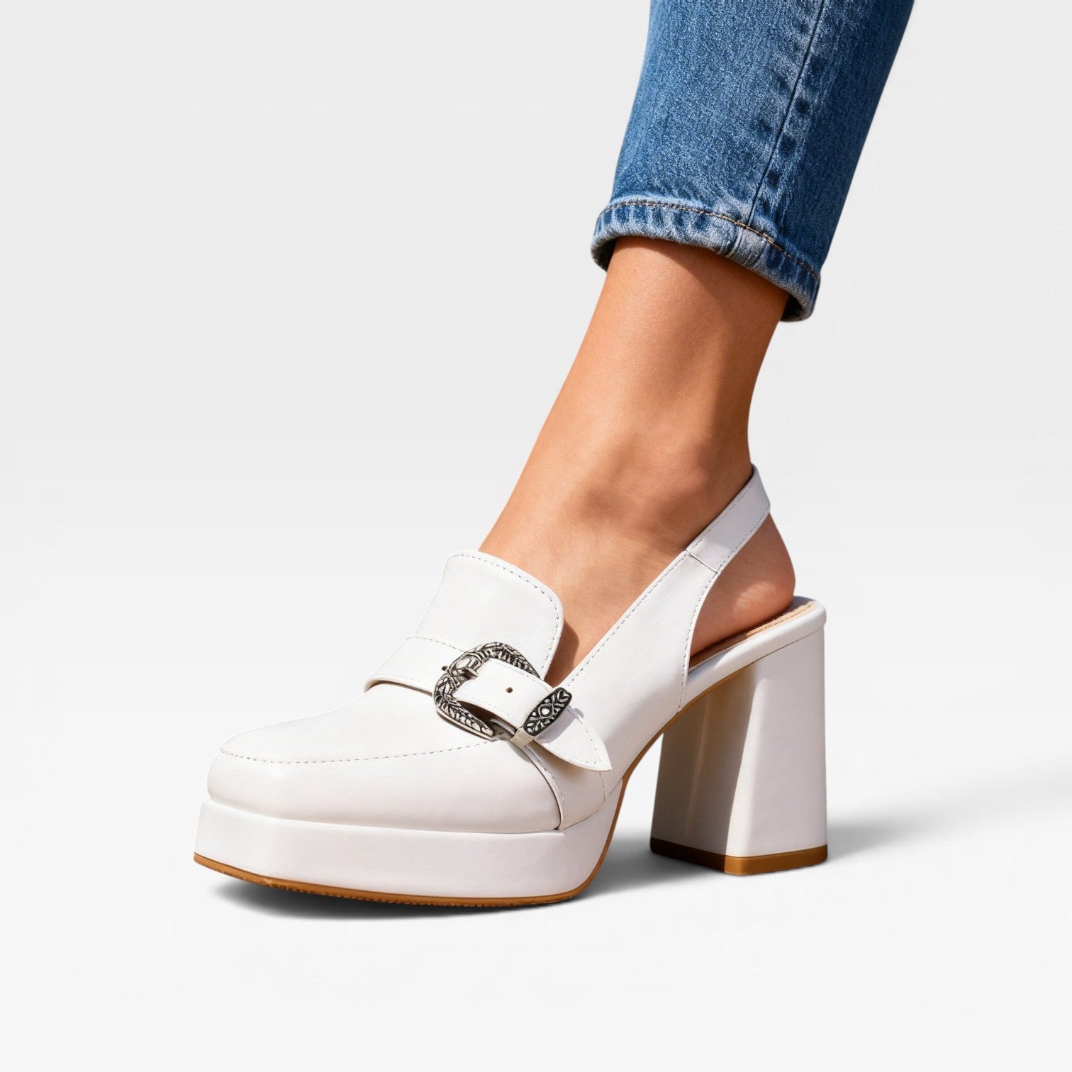 Platform Slingback Pumps, Buckle Strap Leather Heels