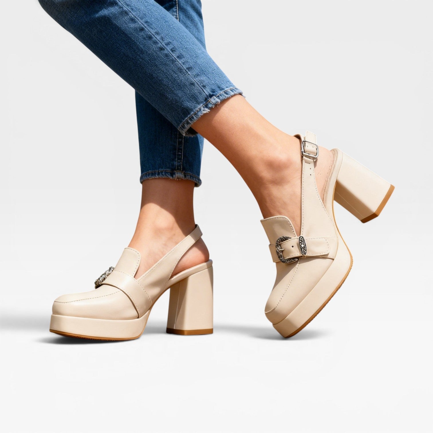Platform Slingback Pumps, Buckle Strap Leather Heels