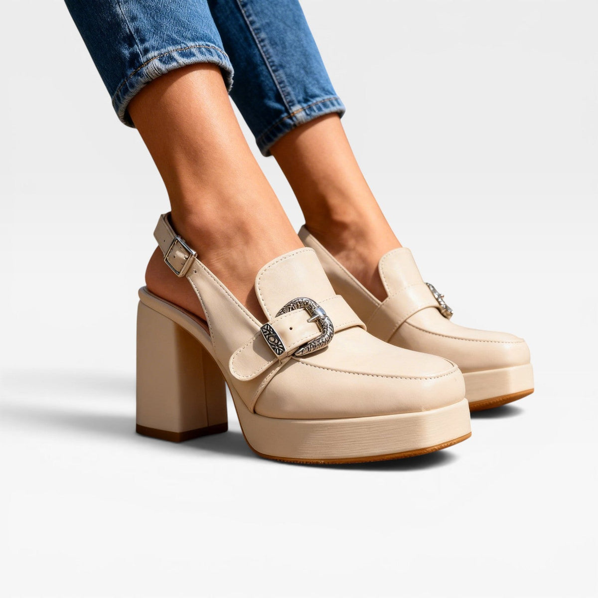 Platform Slingback Pumps, Buckle Strap Leather Heels