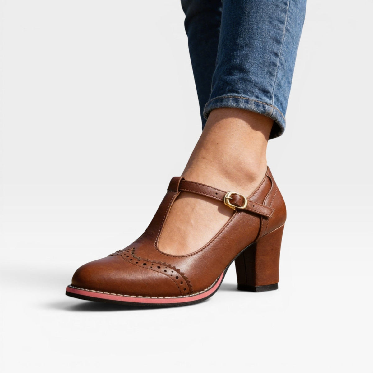 T Strap Mary Jane Pumps, 6cm Block Heel Brogue Shoes