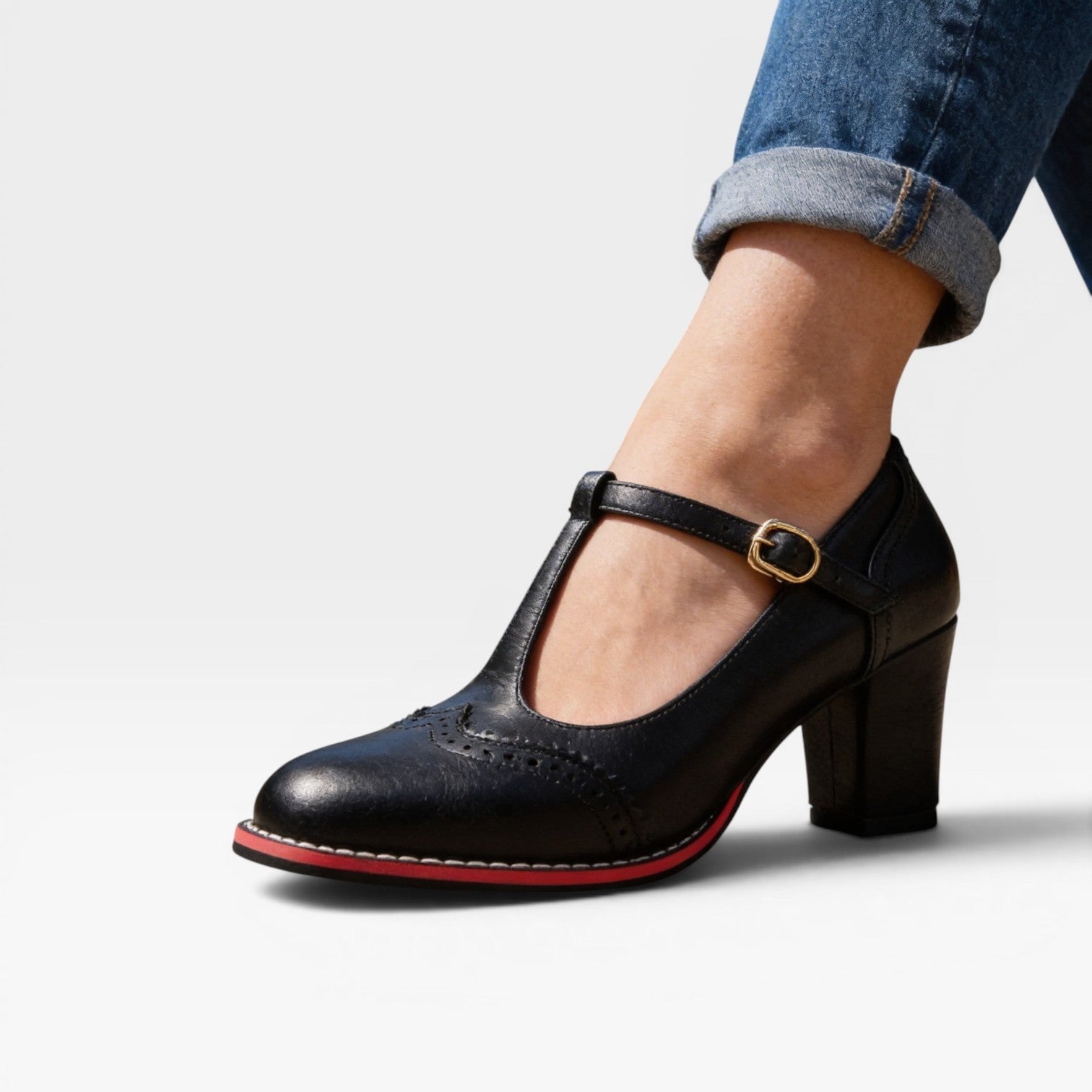 T Strap Mary Jane Pumps, 6cm Block Heel Brogue Shoes