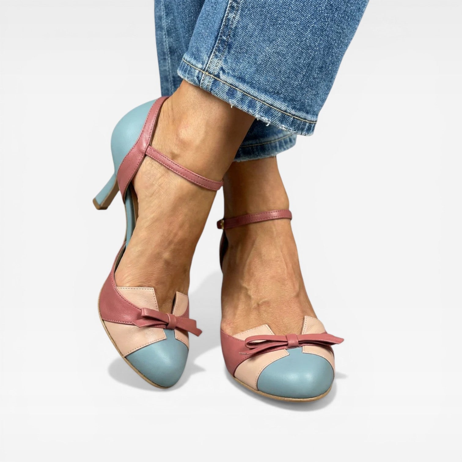Two Tone Kitten Heel Pumps, Vintage Mary Jane Strap