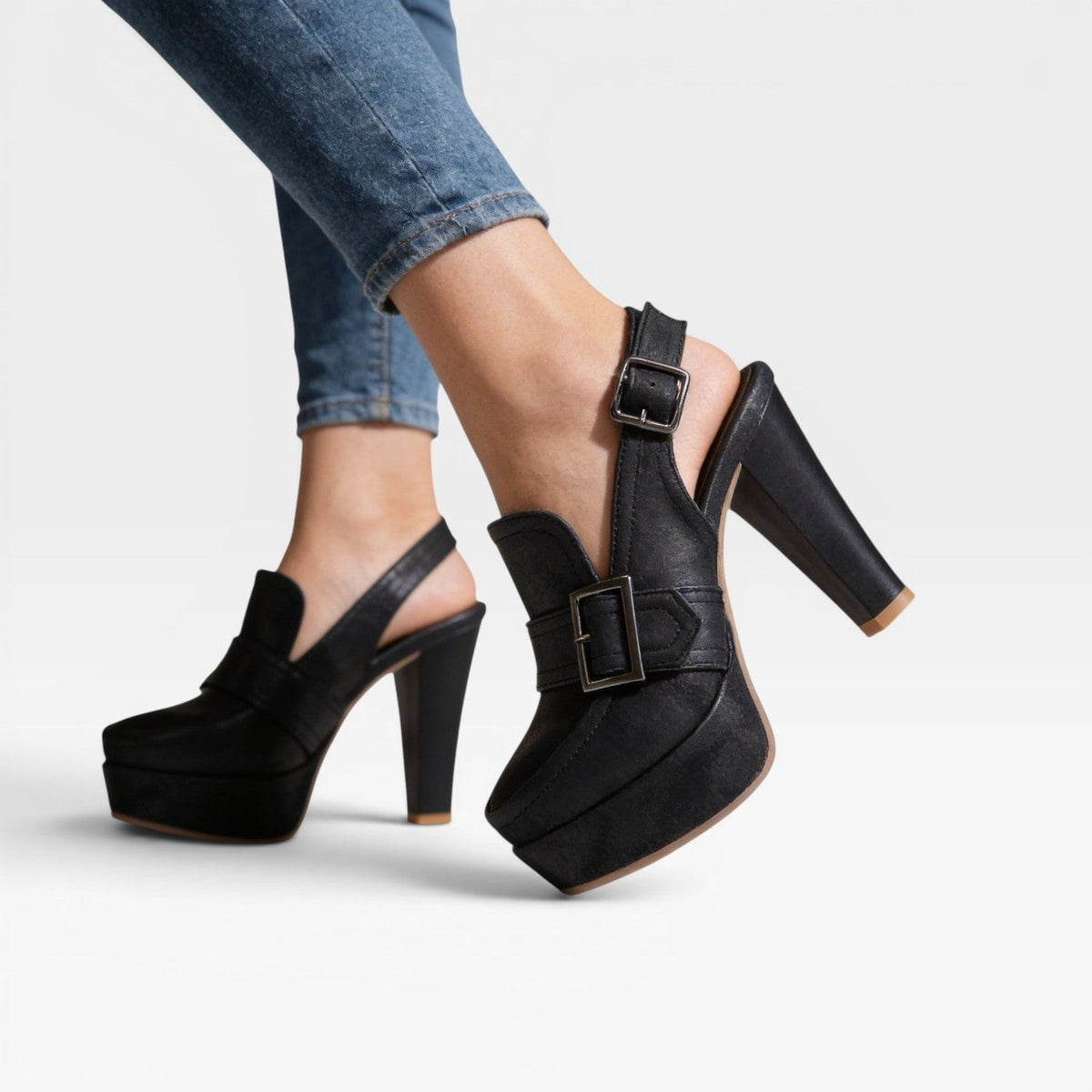 Block Heel Slingback Court Shoes, Retro Buckle Strap