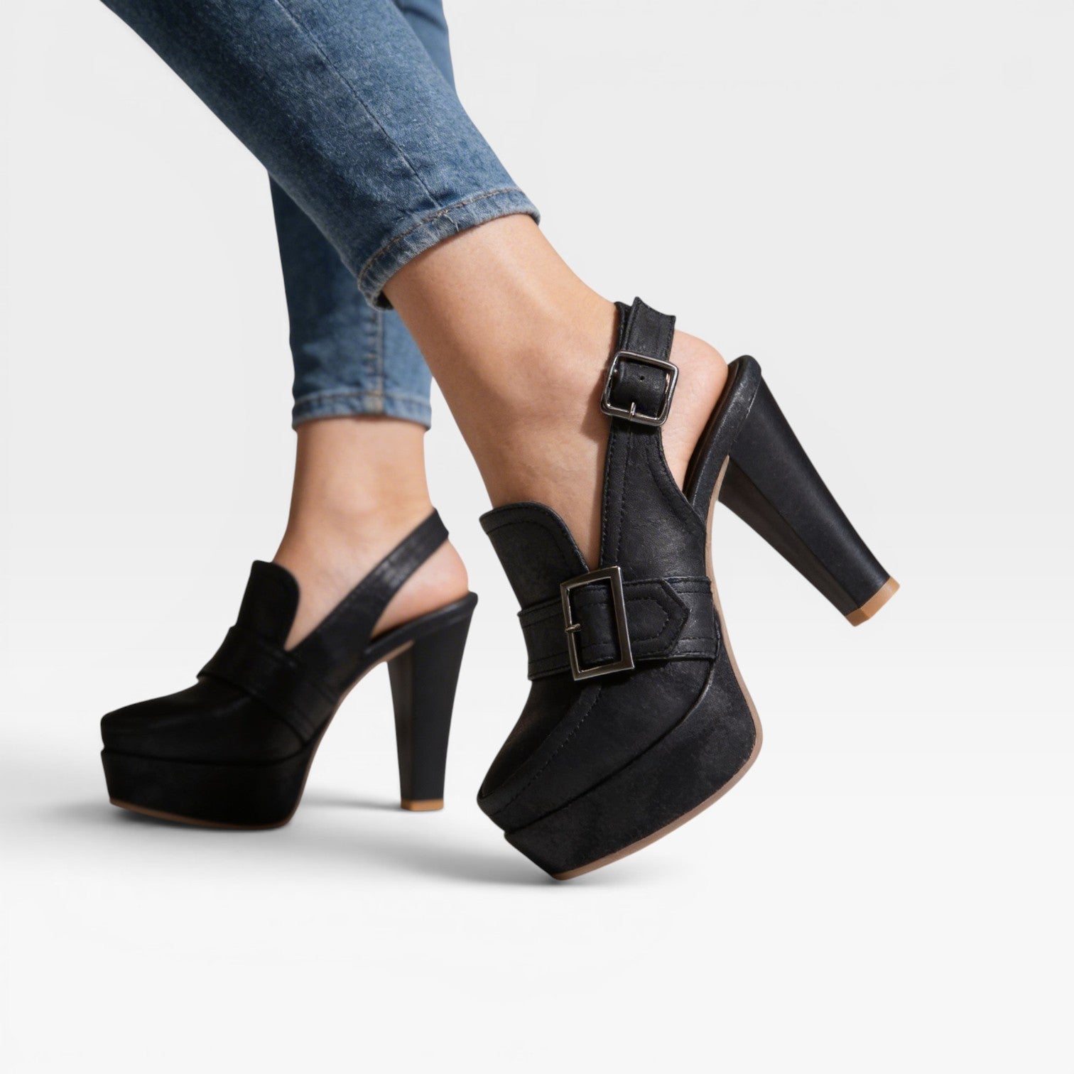 Block Heel Slingback Court Shoes, Retro Buckle Strap