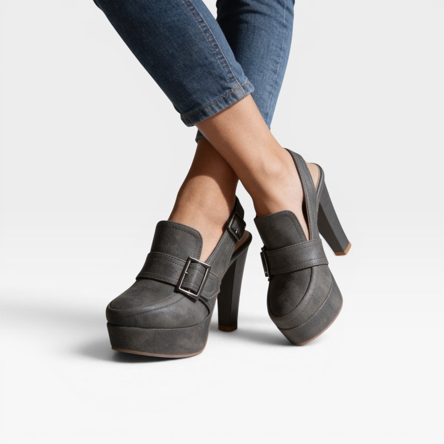 Block Heel Slingback Court Shoes, Retro Buckle Strap