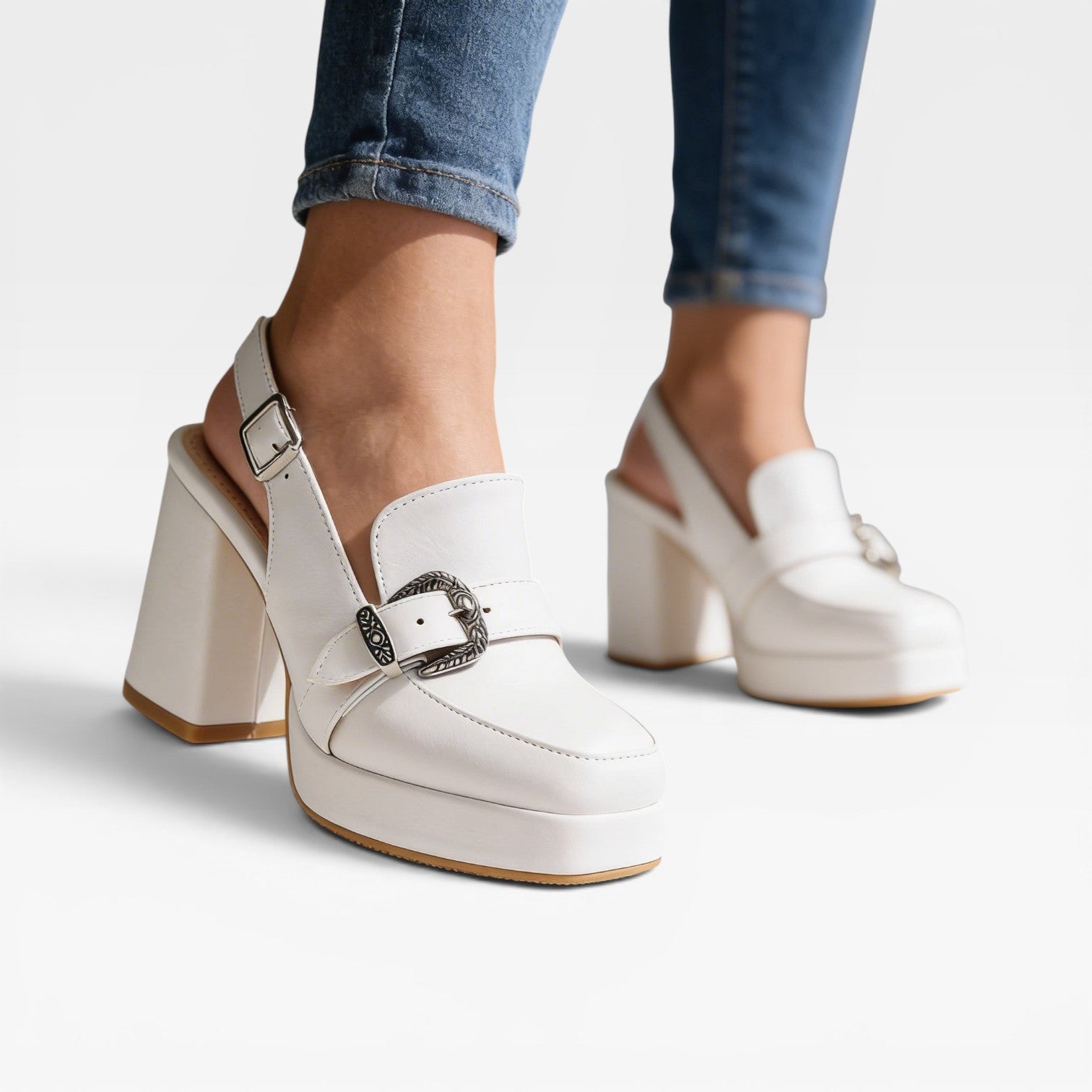 Platform Slingback Pumps, Buckle Strap Leather Heels