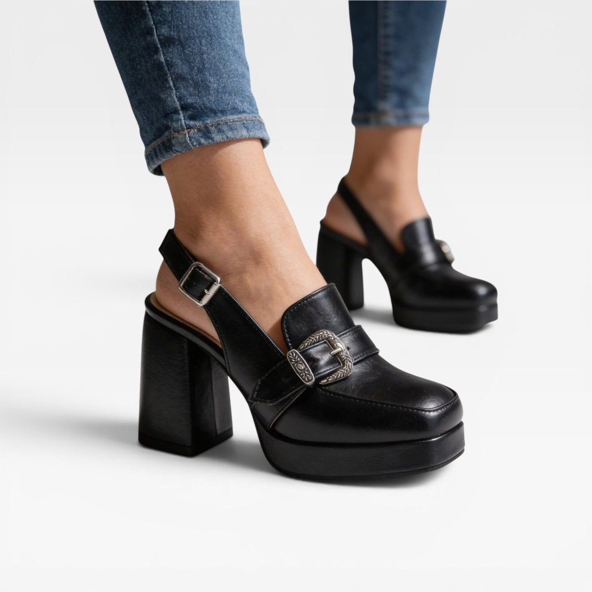 Platform Slingback Pumps, Buckle Strap Leather Heels