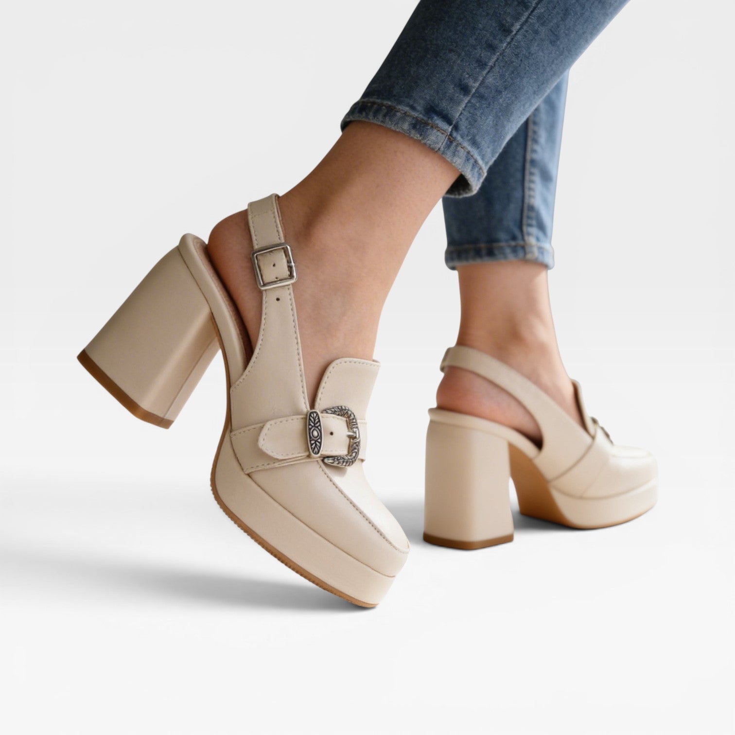Platform Slingback Pumps, Buckle Strap Leather Heels