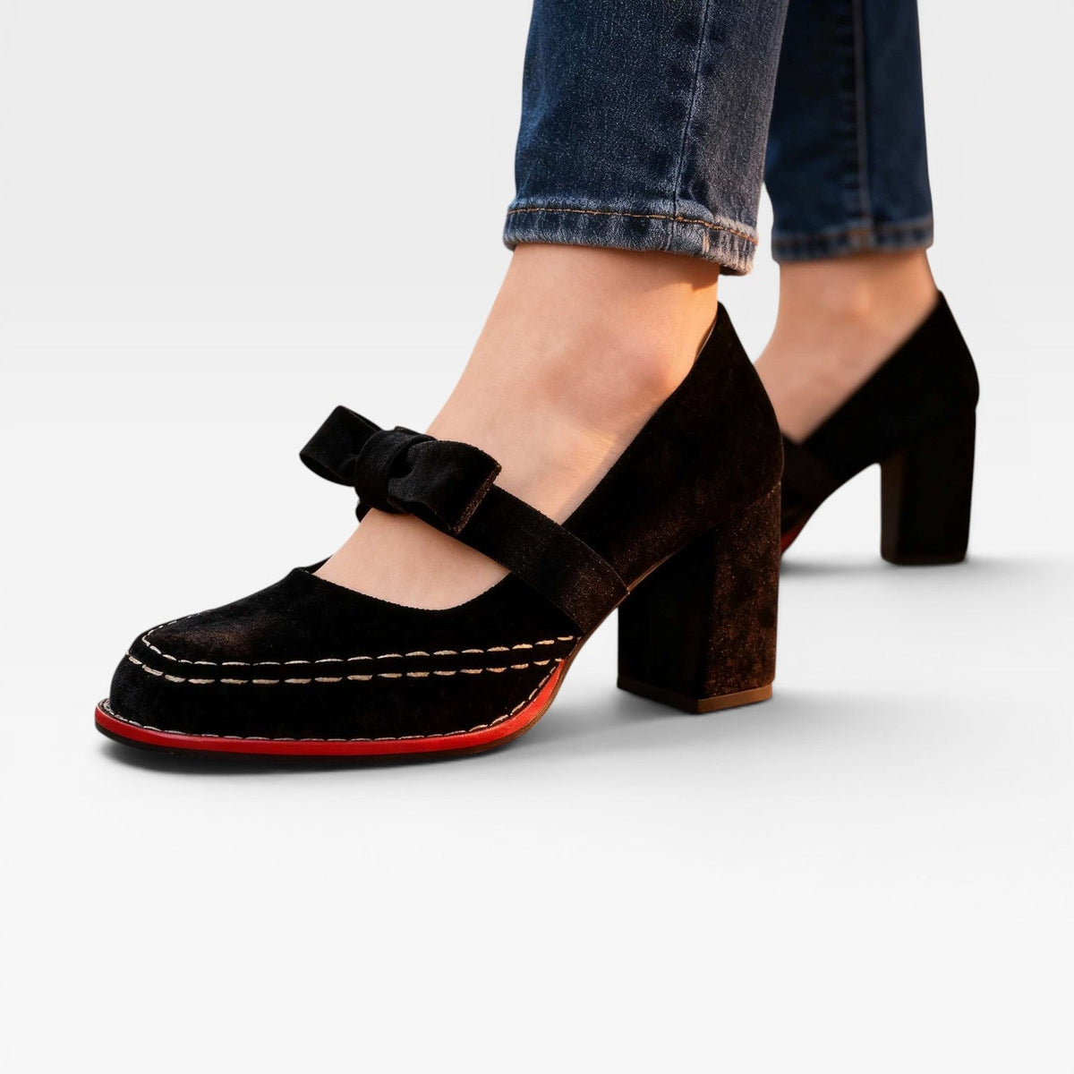 Velvet Mary Jane Pumps, Bow Block Heel Vintage Shoes