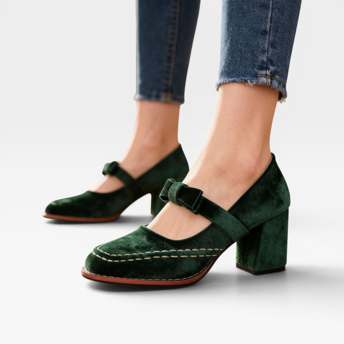 Velvet Mary Jane Pumps, Bow Block Heel Vintage Shoes