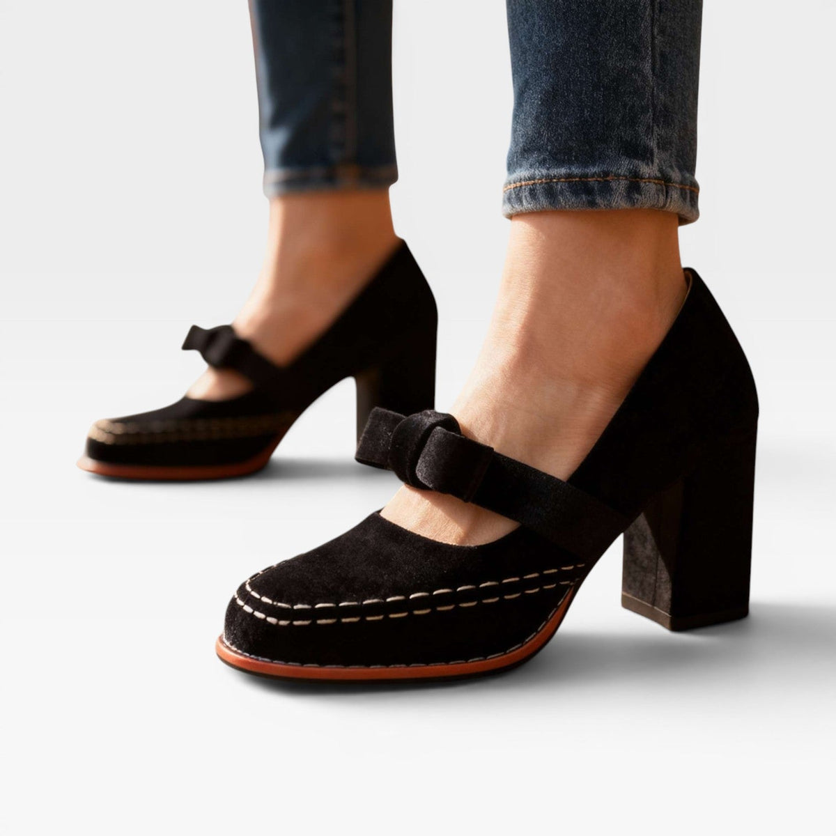 Velvet Mary Jane Pumps, Bow Block Heel Vintage Shoes