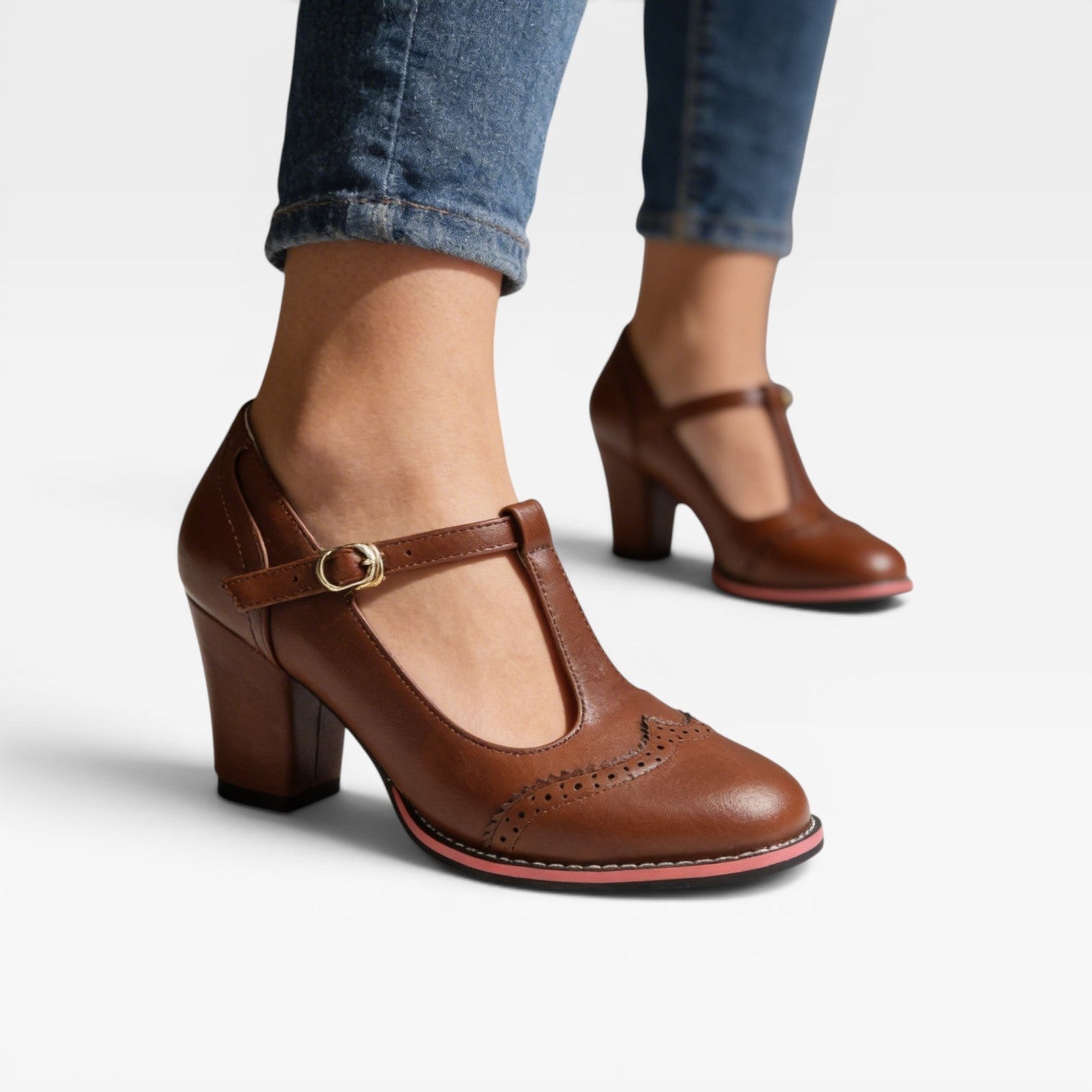 T Strap Mary Jane Pumps, 6cm Block Heel Brogue Shoes