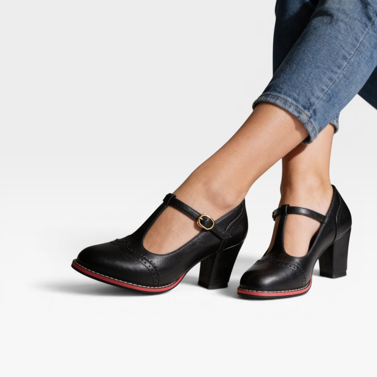 T Strap Mary Jane Pumps, 6cm Block Heel Brogue Shoes