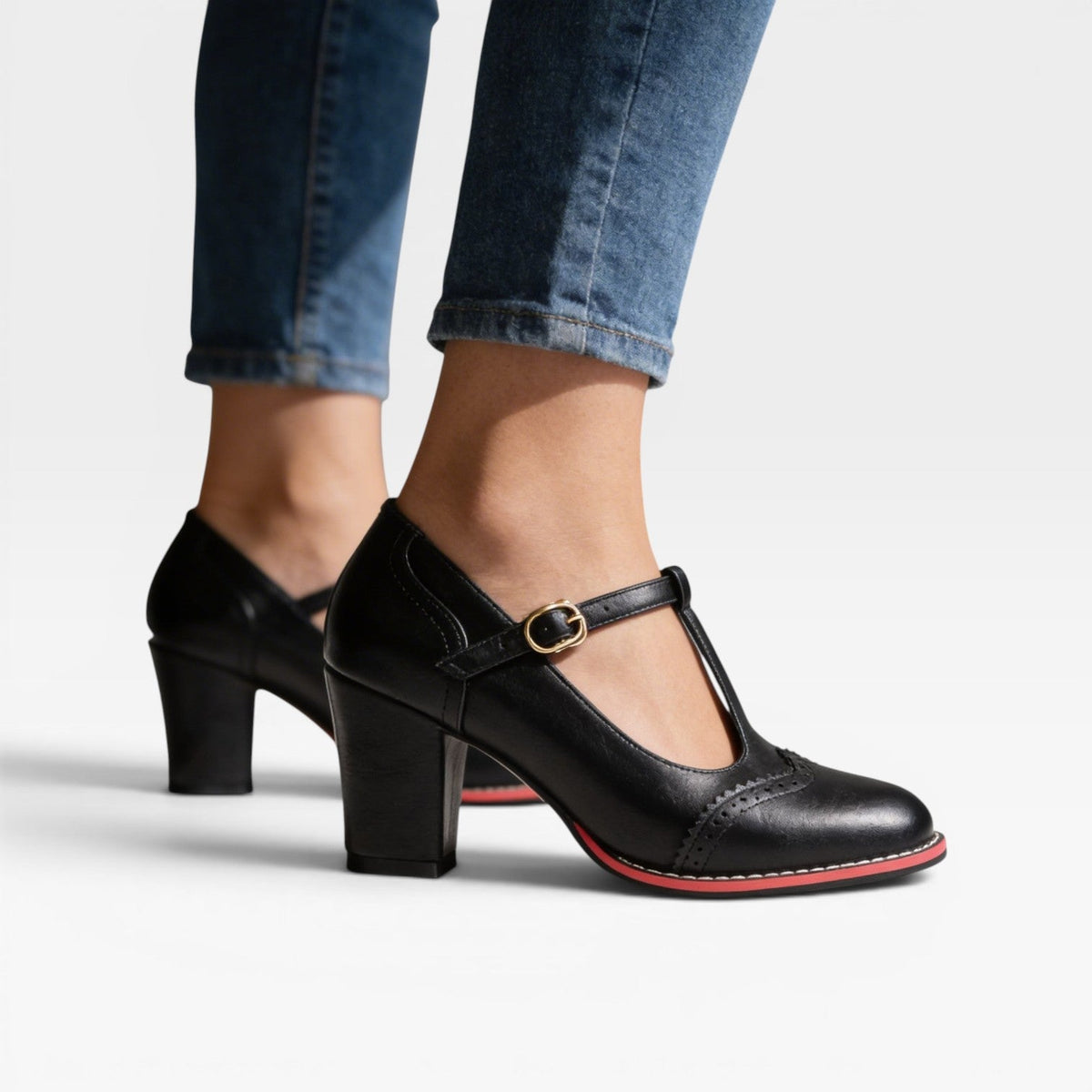 T Strap Mary Jane Pumps, 6cm Block Heel Brogue Shoes