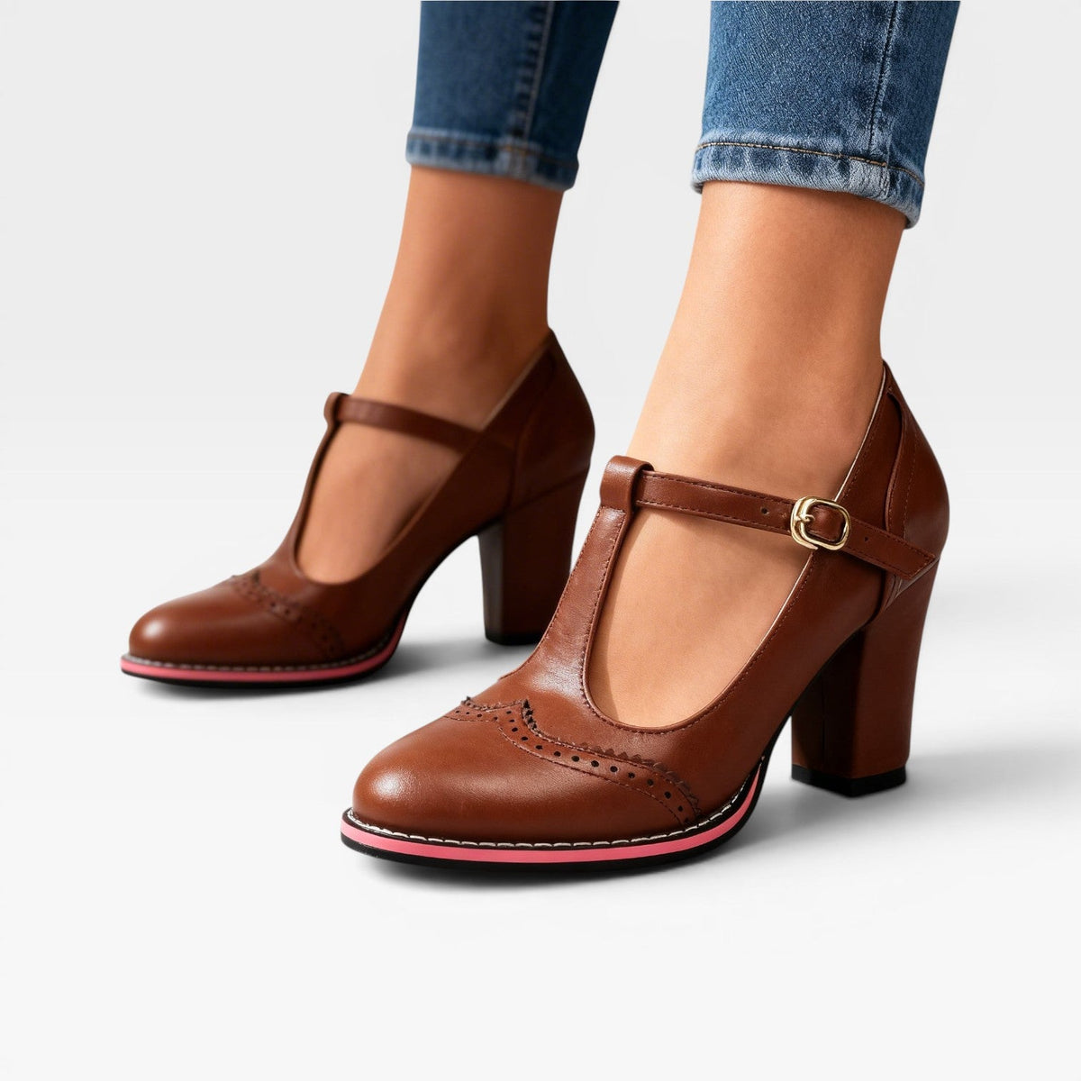 T Strap Mary Jane Pumps, 6cm Block Heel Brogue Shoes