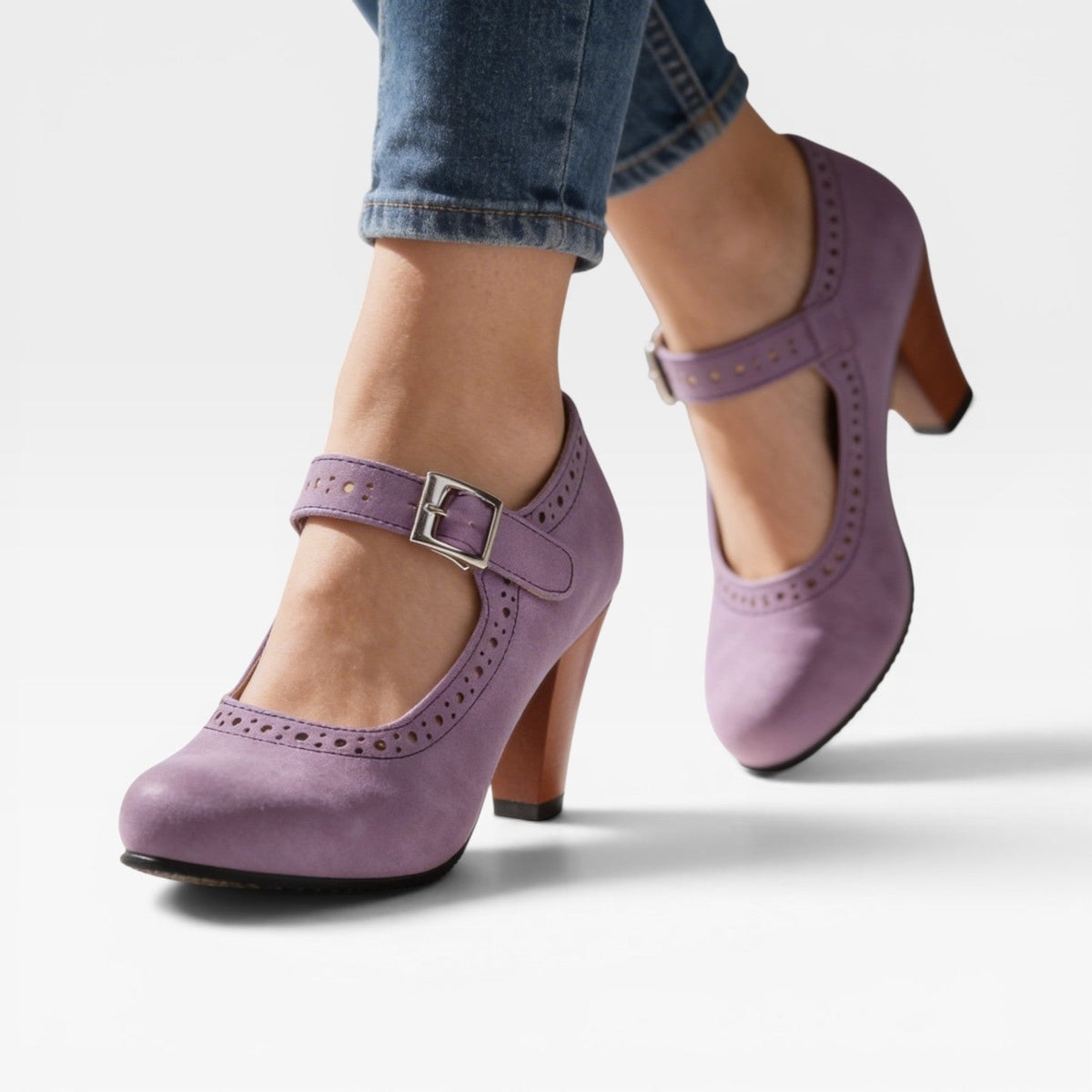 Brogue Mary Jane Pumps, Wooden Block Heel Buckle Strap