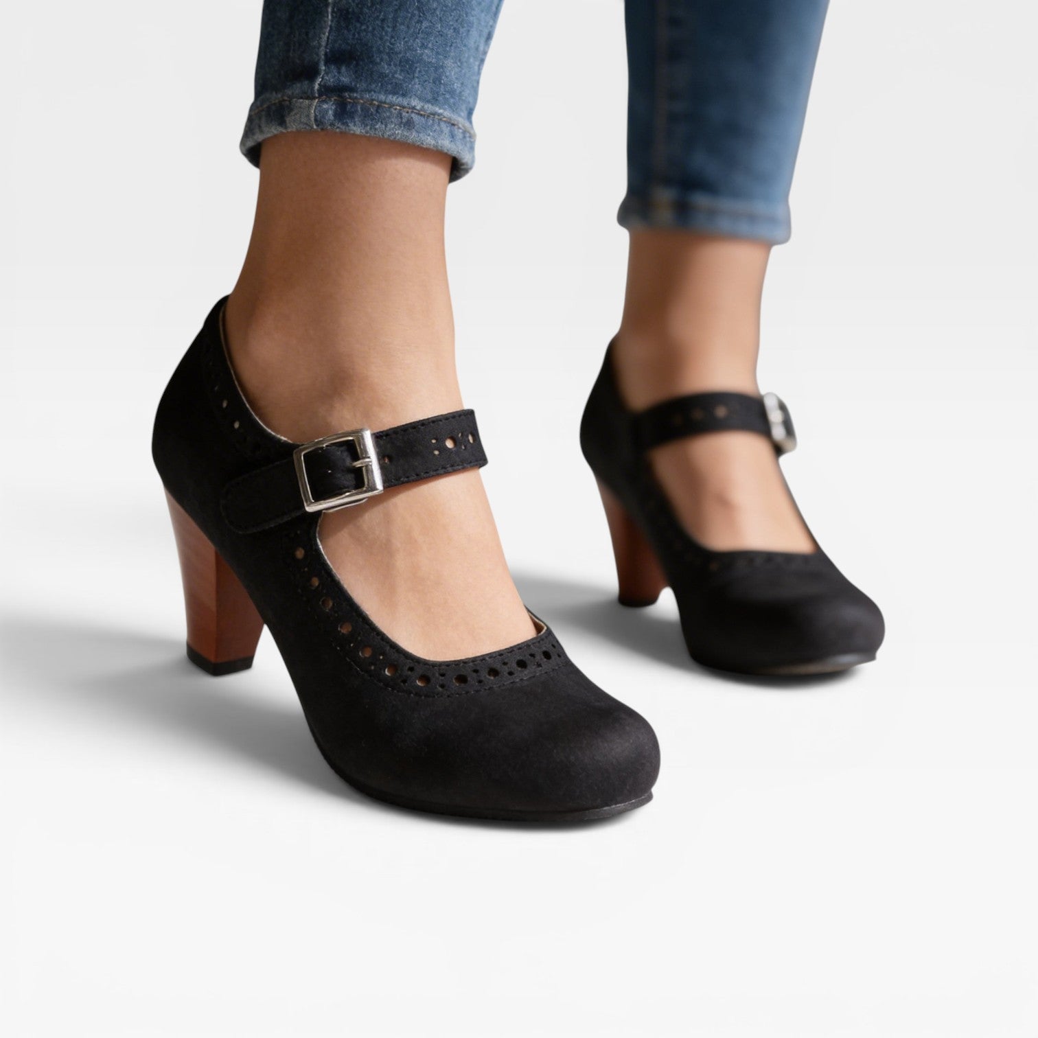 Brogue Mary Jane Pumps, Wooden Block Heel Buckle Strap