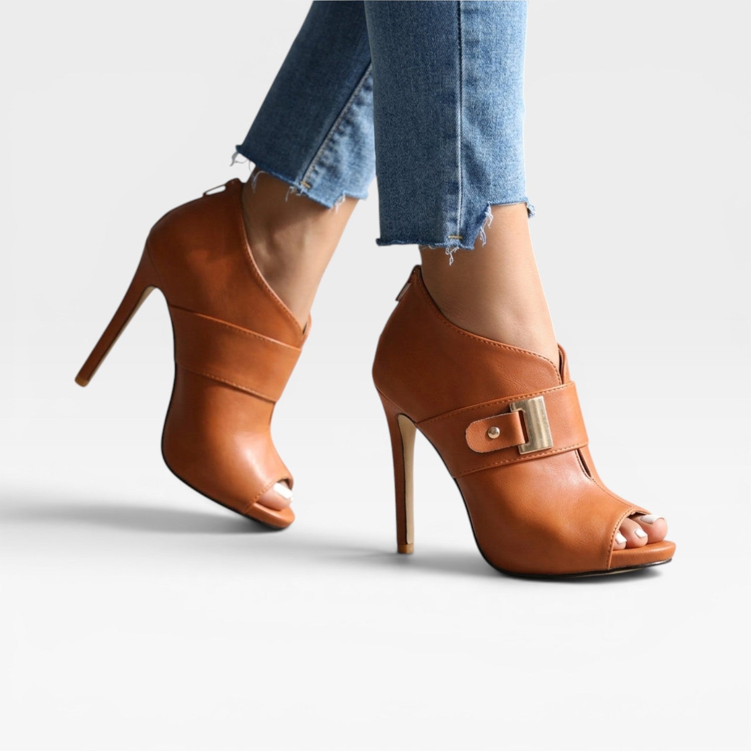 Peep Toe Ankle Boots, Leather Buckle Stiletto Booties