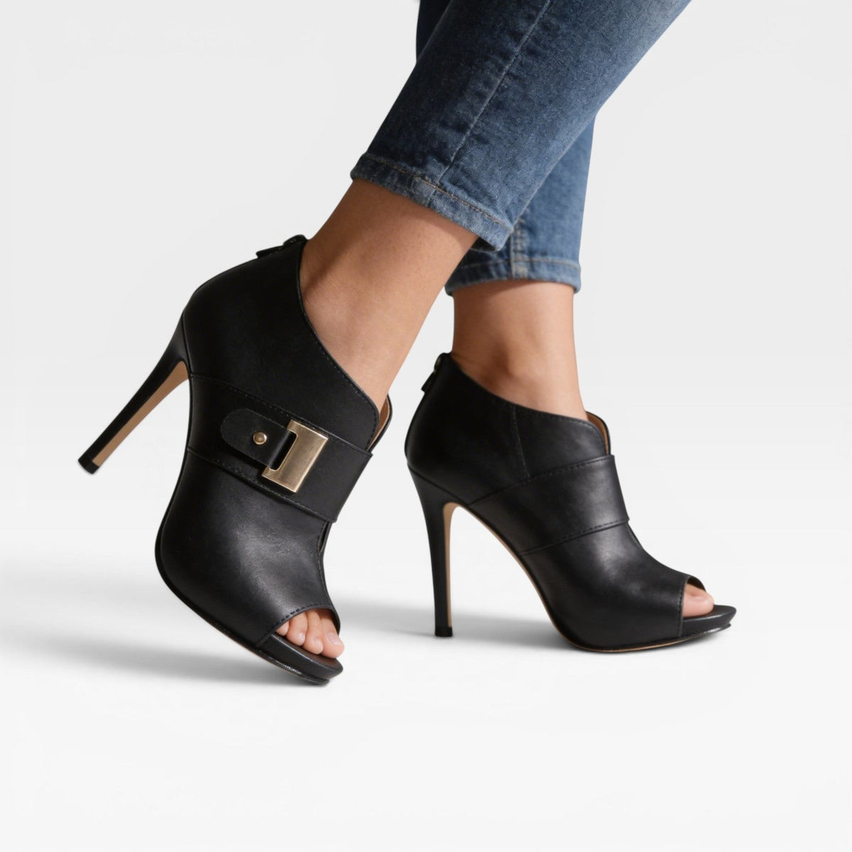 Peep Toe Ankle Boots, Leather Buckle Stiletto Booties