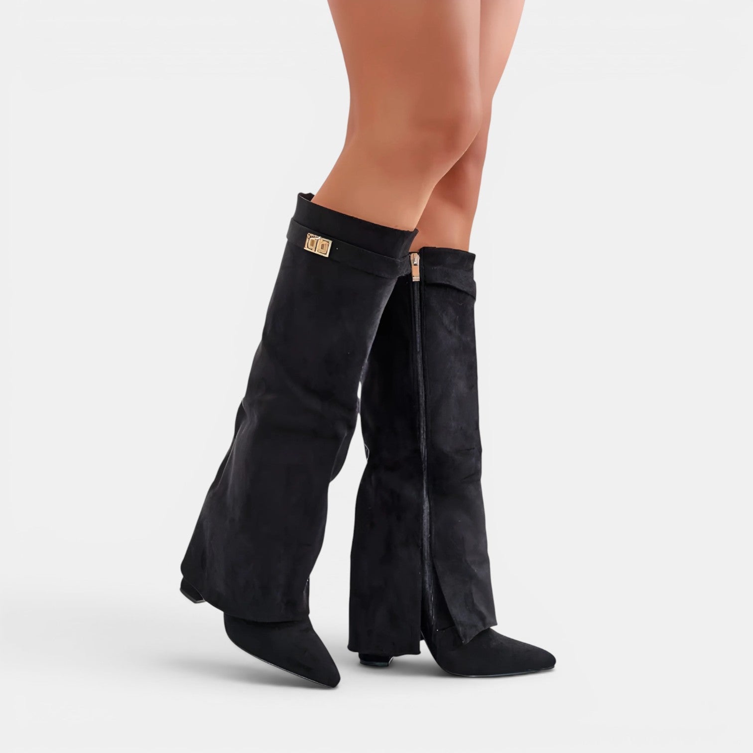Fold Over Knee High Boots, Pointed Toe Suede Block Heel