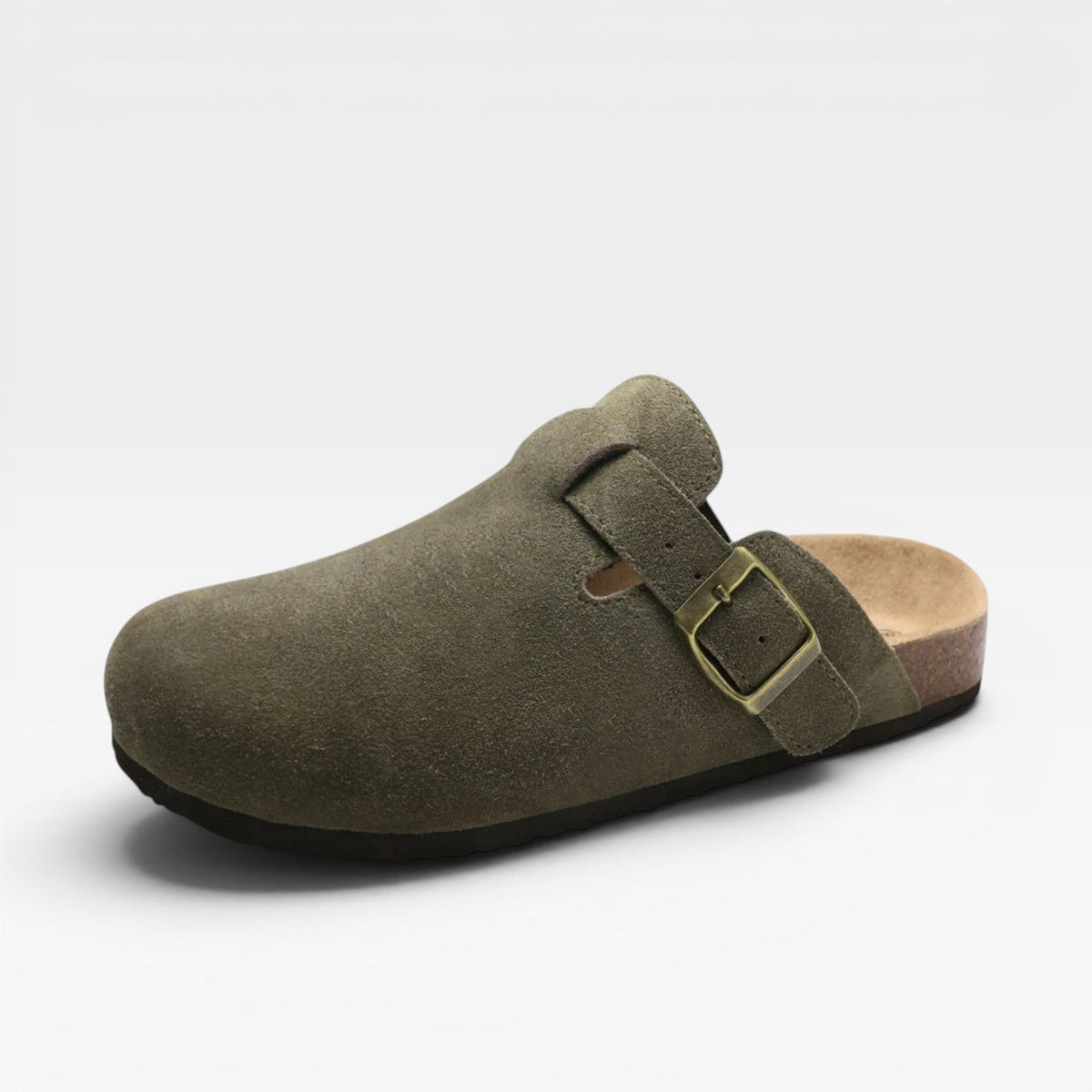 Suede Cork Clogs, Closed Toe Slip On Buckle Strap Mules