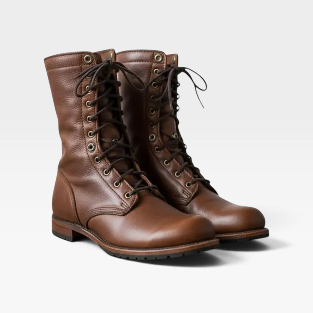 Leather Look Lace-Up Combat Boots, Low Block Rubber Sole