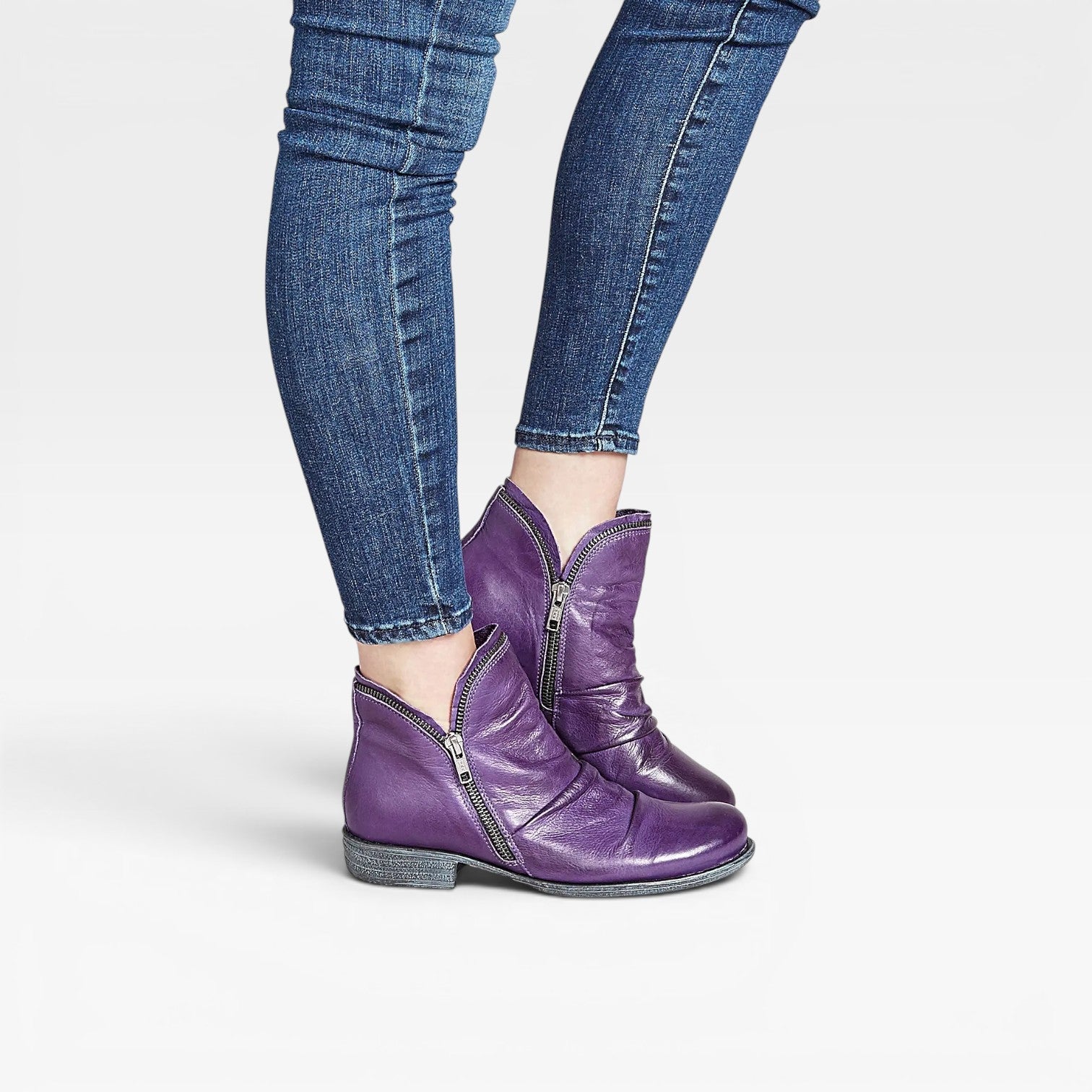 Slouchy Ankle Boots, Side Zip Low Block Heel Leather