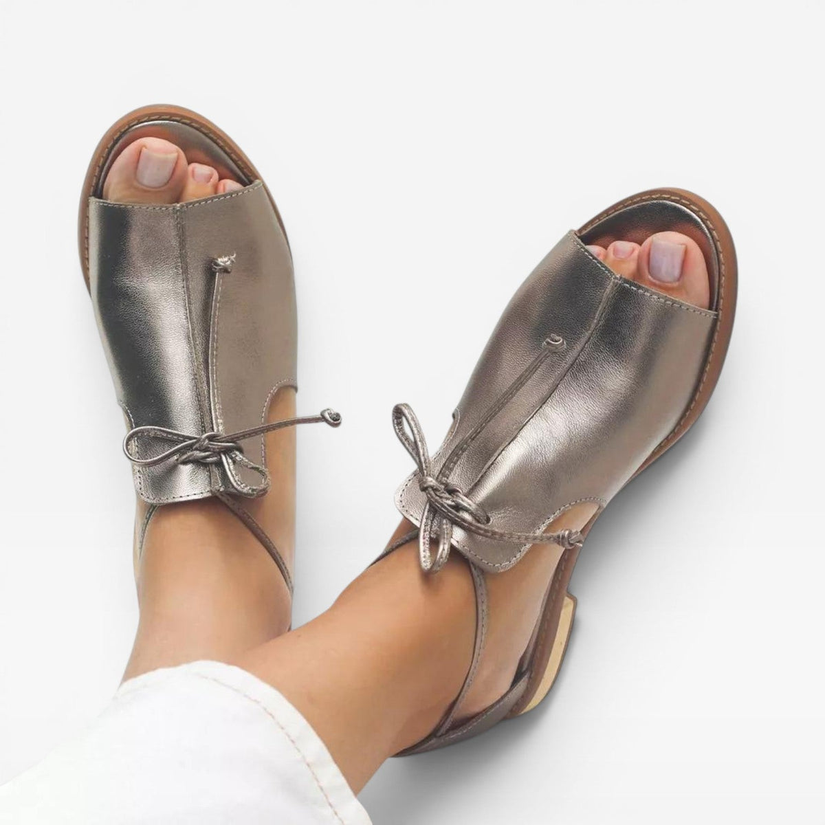 Peep Toe Leather Sandals, Cushioned Arch Support Flats