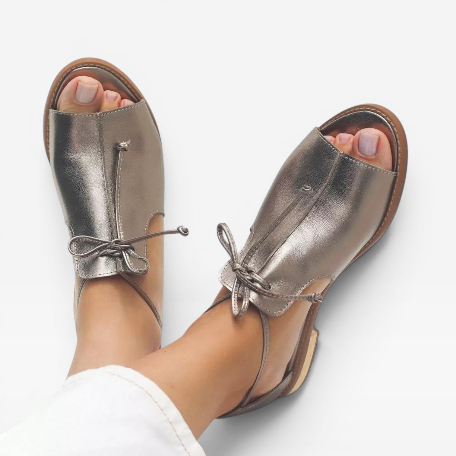 Peep Toe Leather Sandals, Cushioned Arch Support Flats