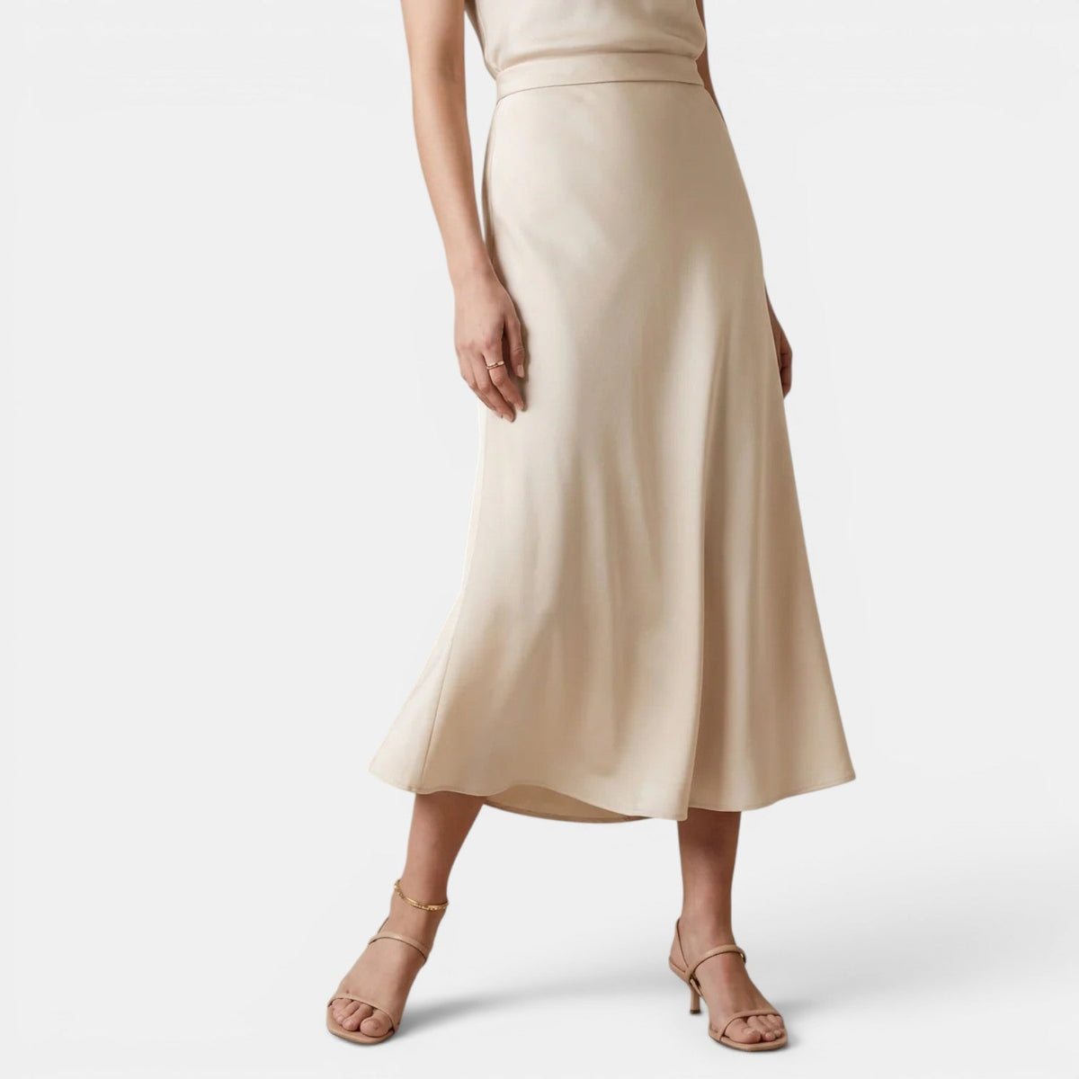 High Waist Silk Midi Skirt, Draped Beige Flowing Cut
