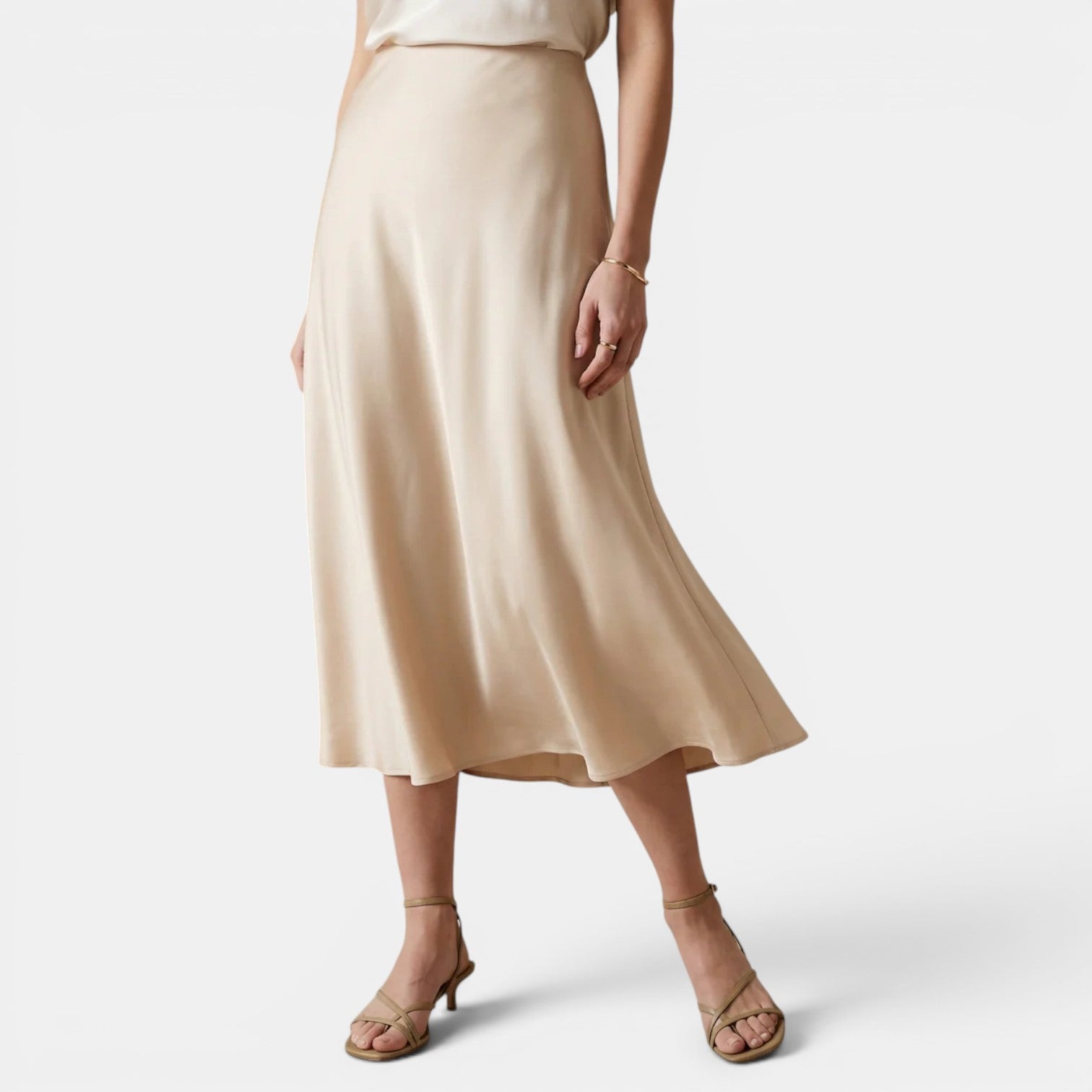 High Waist Silk Midi Skirt, Draped Beige Flowing Cut