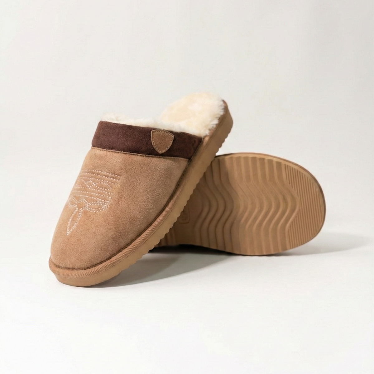 Suede Look Cowboy Slippers, Faux Fur Lined Slip On Mule