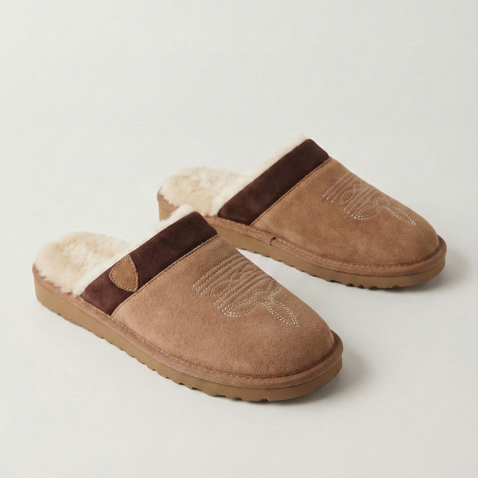 Suede Look Cowboy Slippers, Faux Fur Lined Slip On Mule
