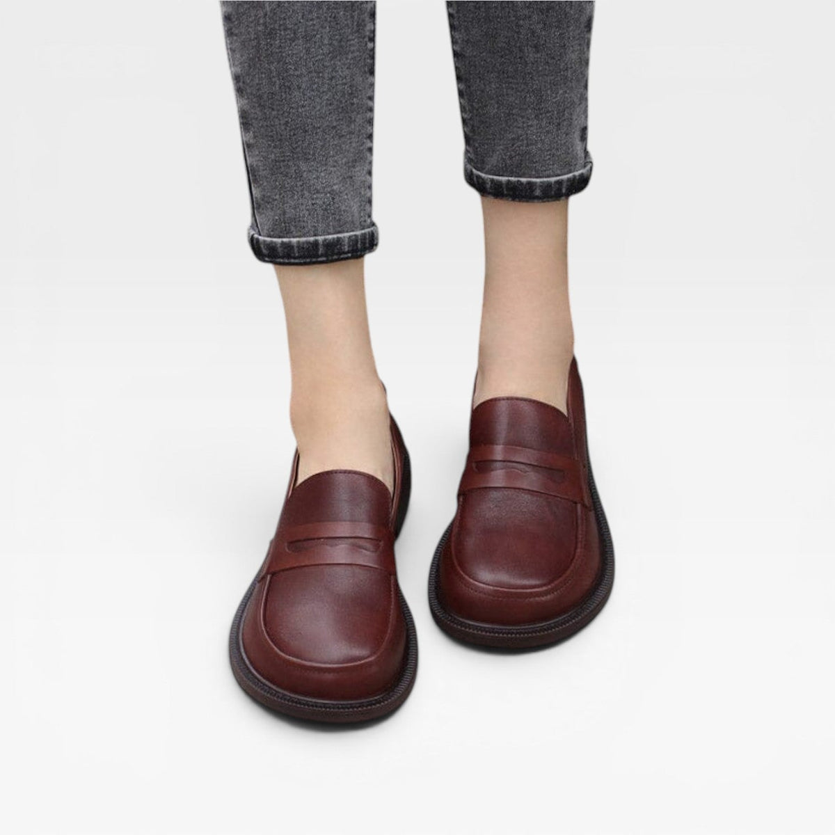 Genuine Leather Penny Loafers, Round Toe Slip On Flats