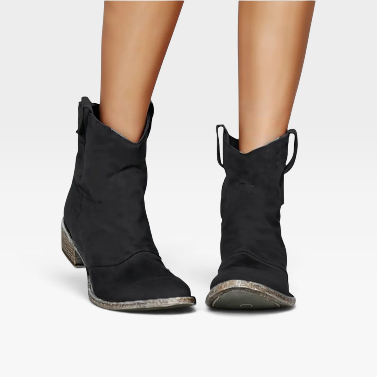 Western Ankle Boots, Suede Round Toe Low Block Heel