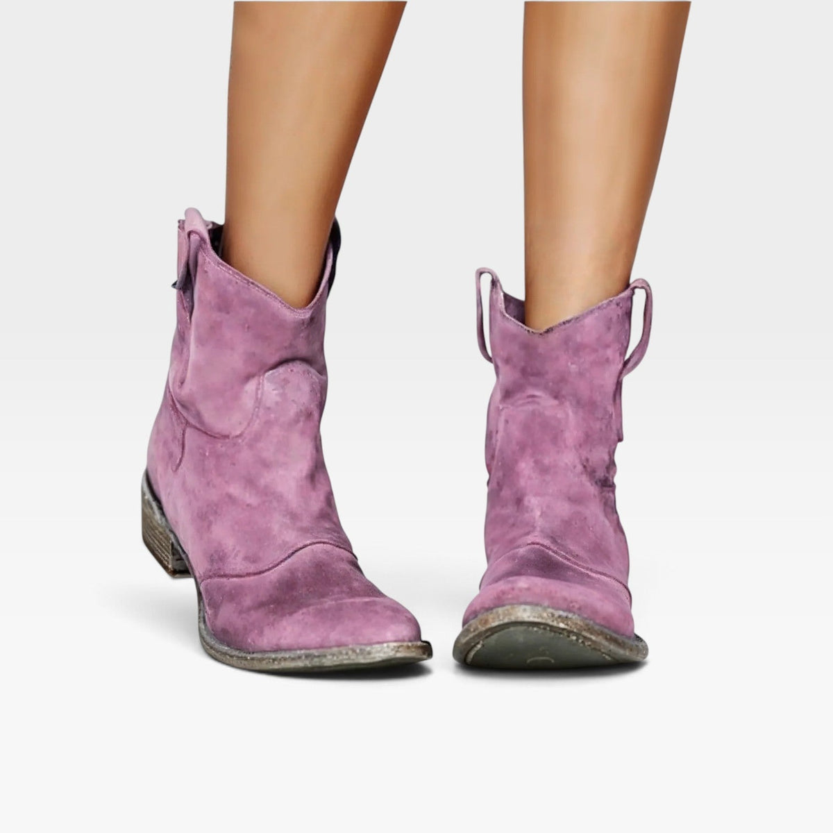 Western Ankle Boots, Suede Round Toe Low Block Heel