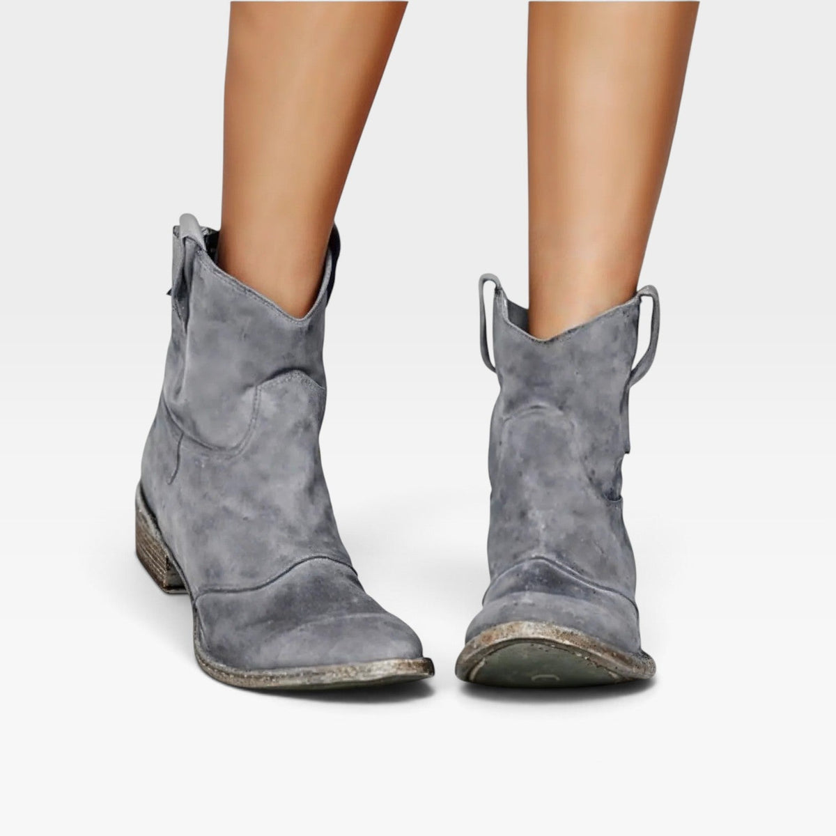 Western Ankle Boots, Suede Round Toe Low Block Heel