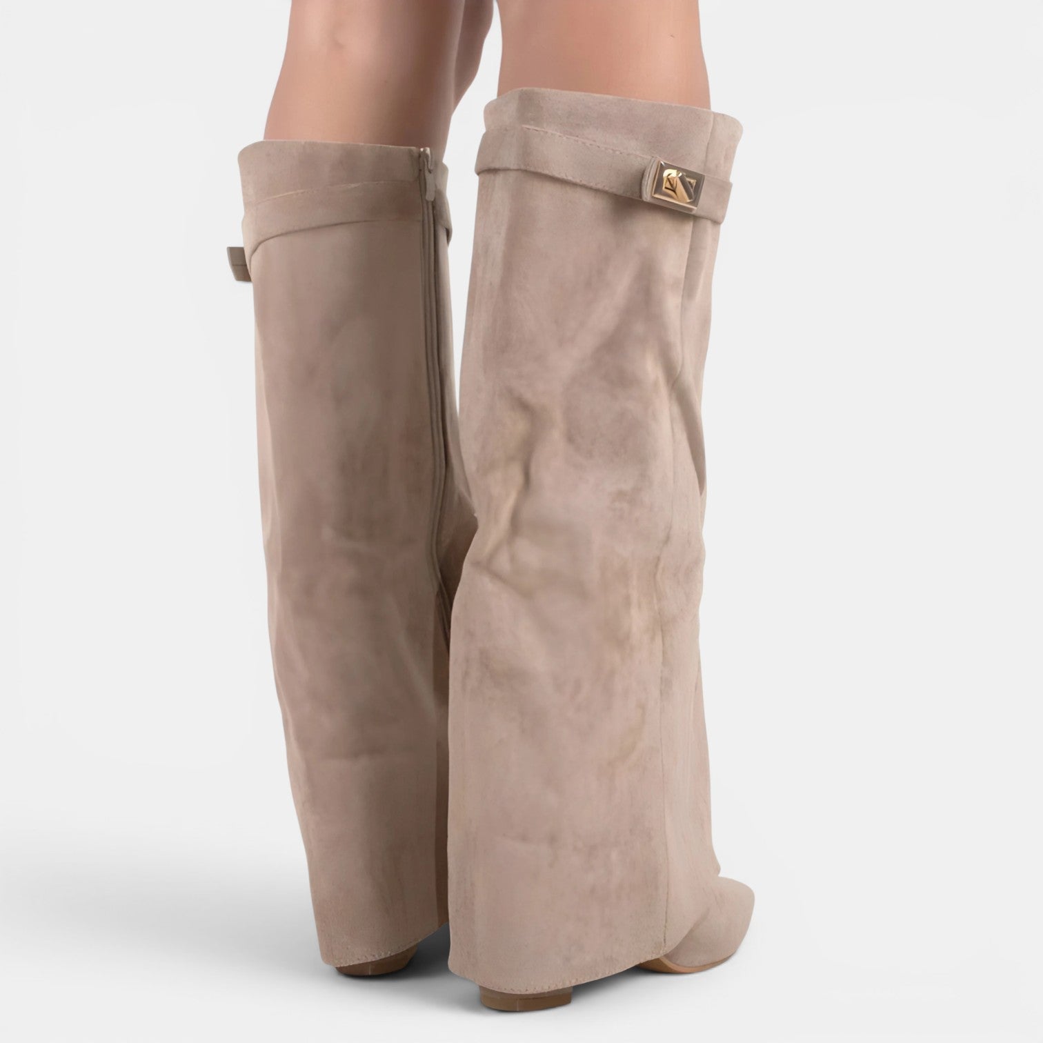 Fold Over Knee High Boots, Pointed Toe Suede Block Heel