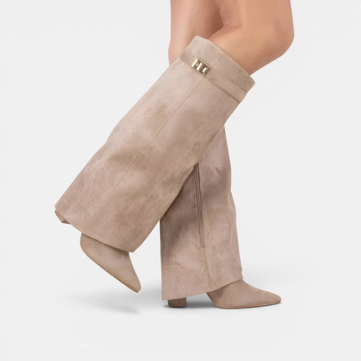 Fold Over Knee High Boots, Pointed Toe Suede Block Heel