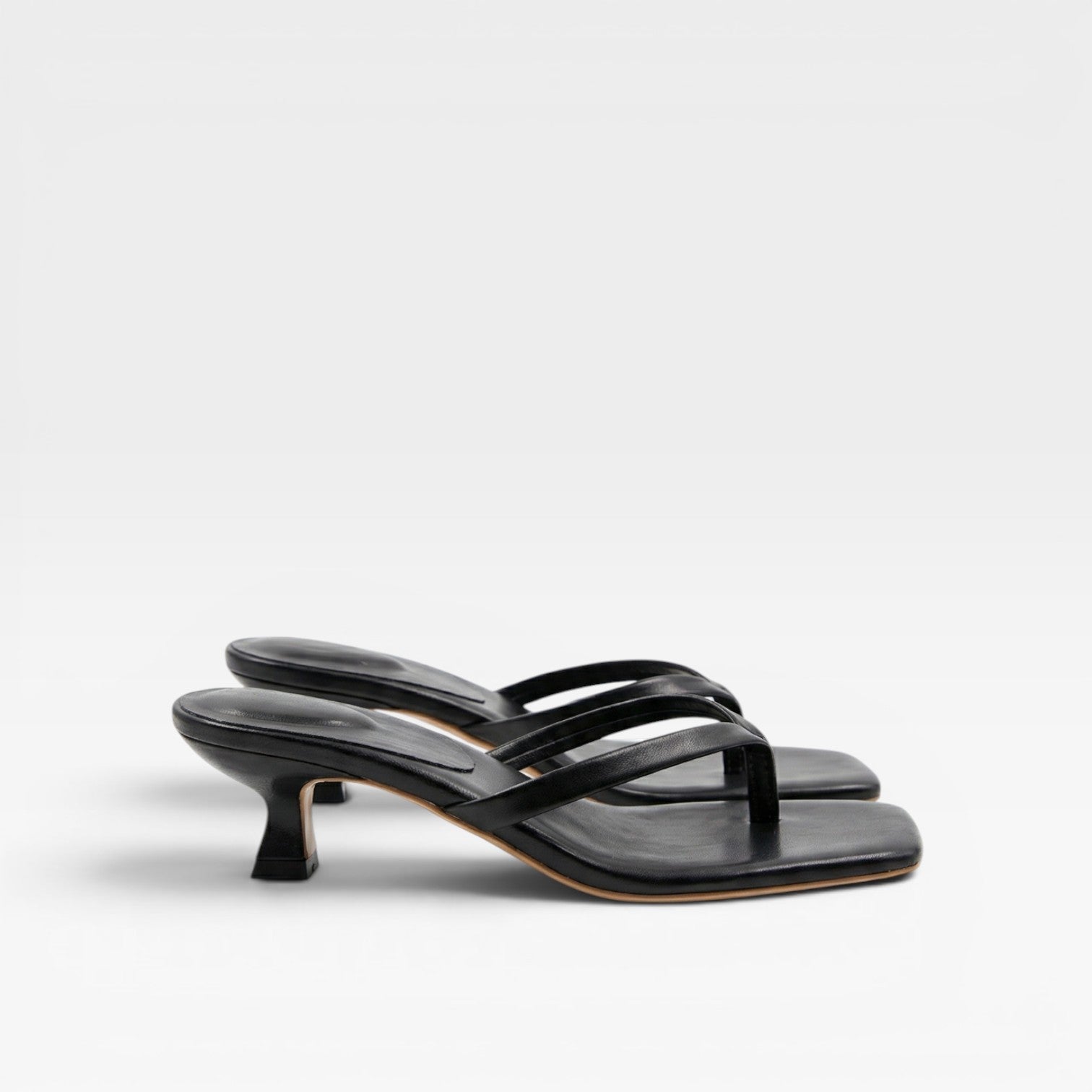 Leather Thong Sandals, Square Toe Kitten Heel Mules