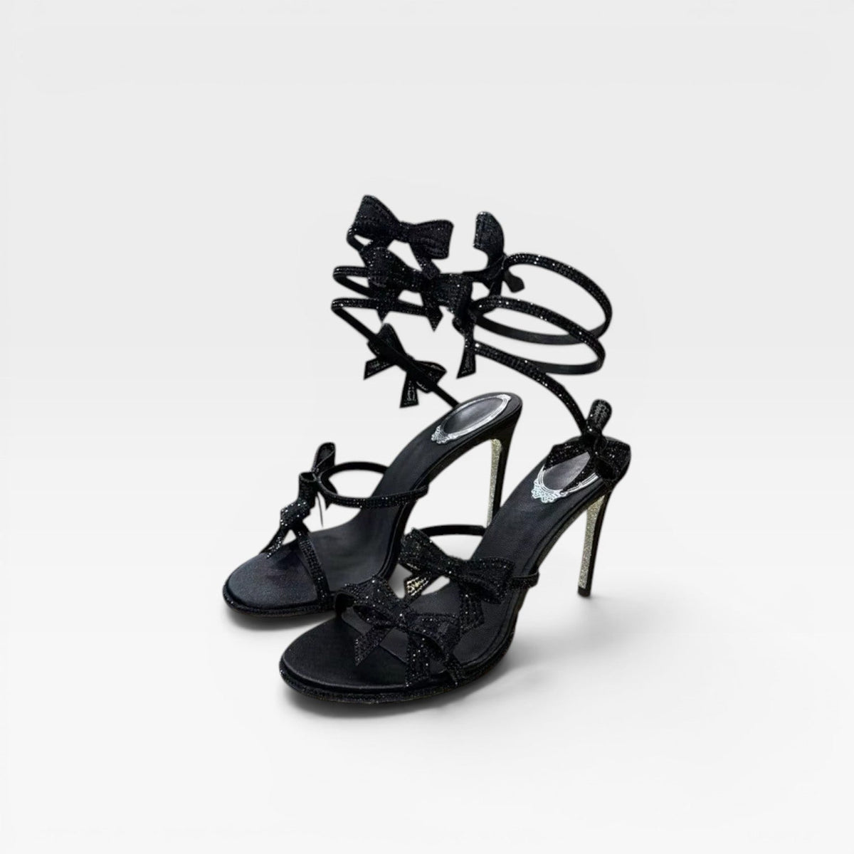 Crystal Bow Sandals, Satin Wrap Ankle Square Toe Heel