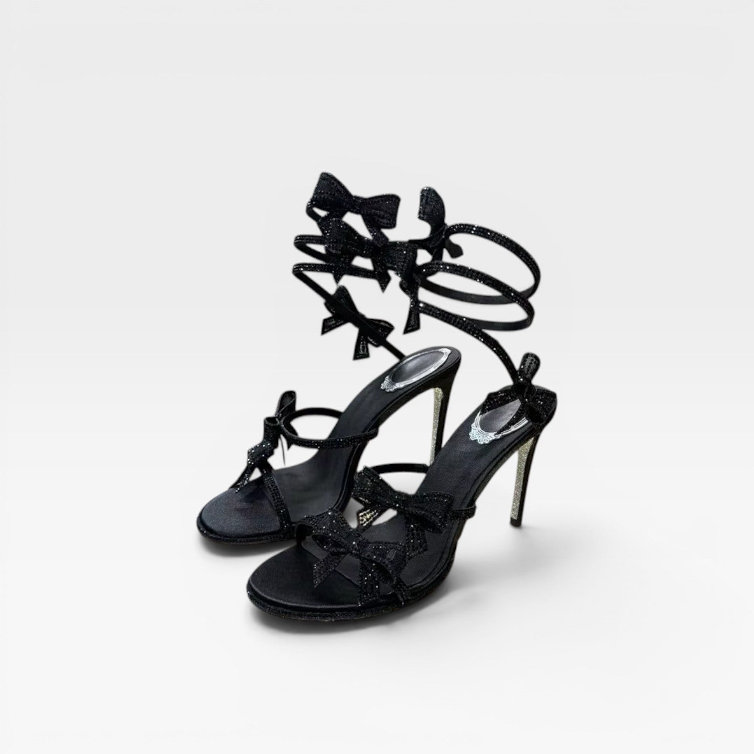 Crystal Bow Sandals, Satin Wrap Ankle Square Toe Heel
