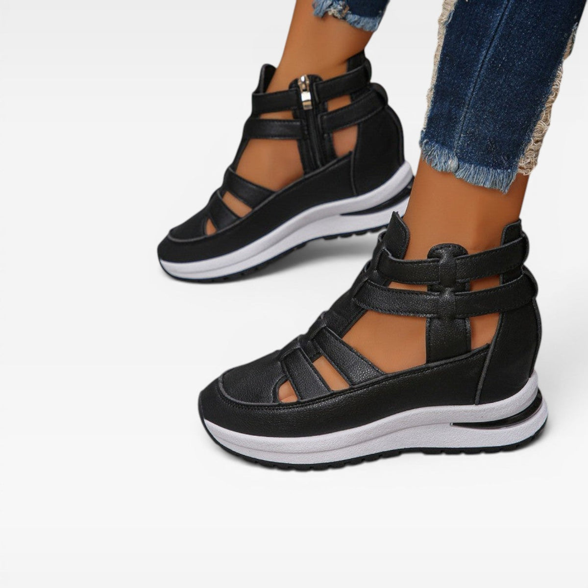Closed Toe Platform Wedge Sandals, Cut Out Zip Strap