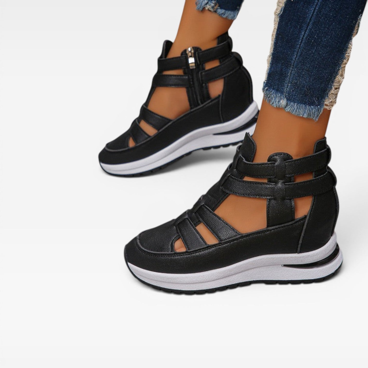 Closed Toe Platform Wedge Sandals, Cut Out Zip Strap