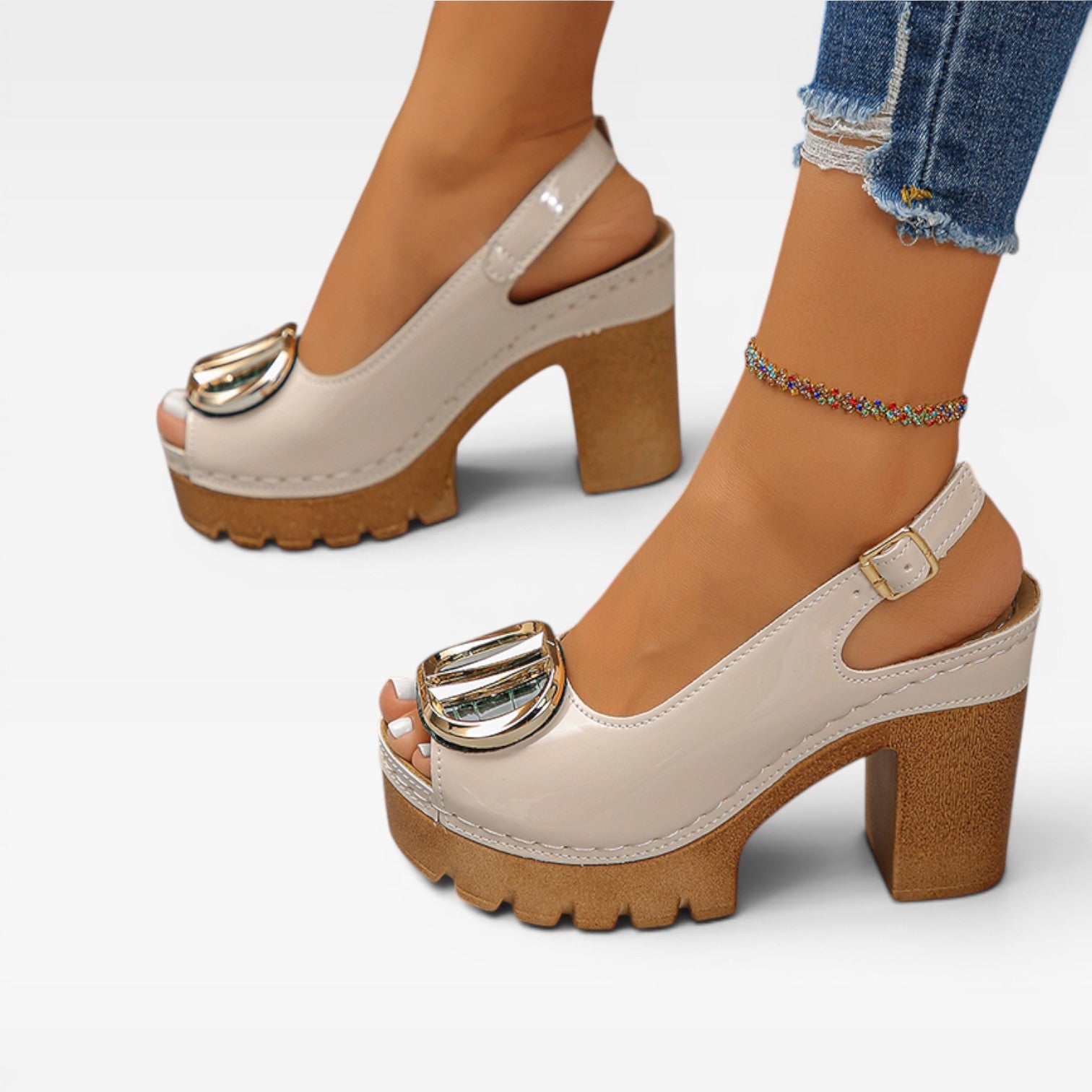 Chunky Platform Block Heel Sandals, Patent Peep Toe