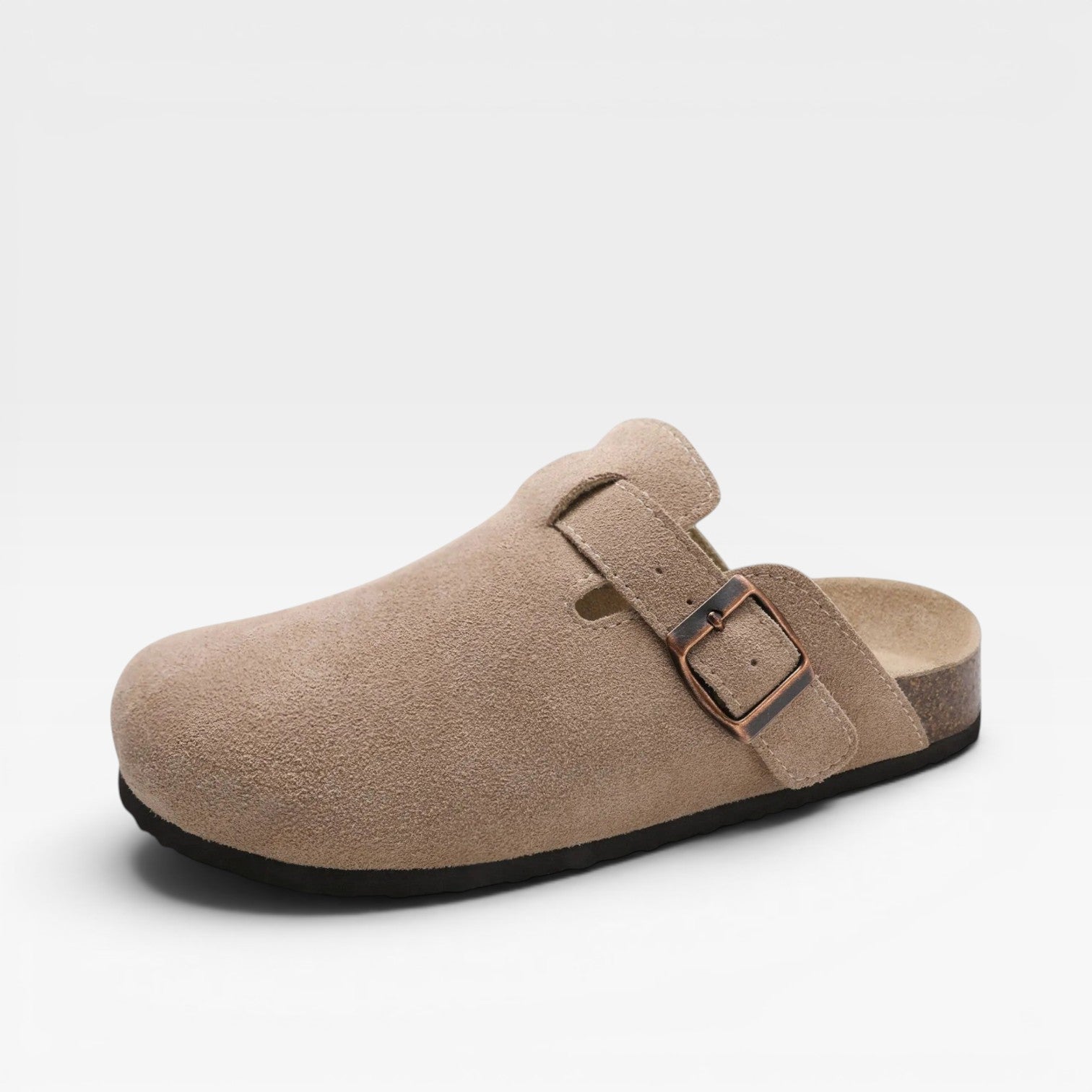 Suede Cork Clogs, Closed Toe Slip On Buckle Strap Mules