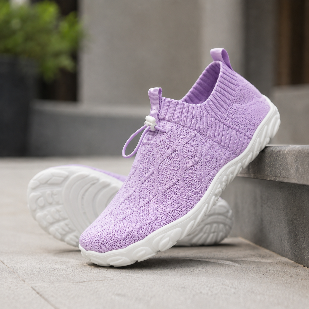 Knit Slip On Sneakers, Cushioned Bungee Lace Trainers
